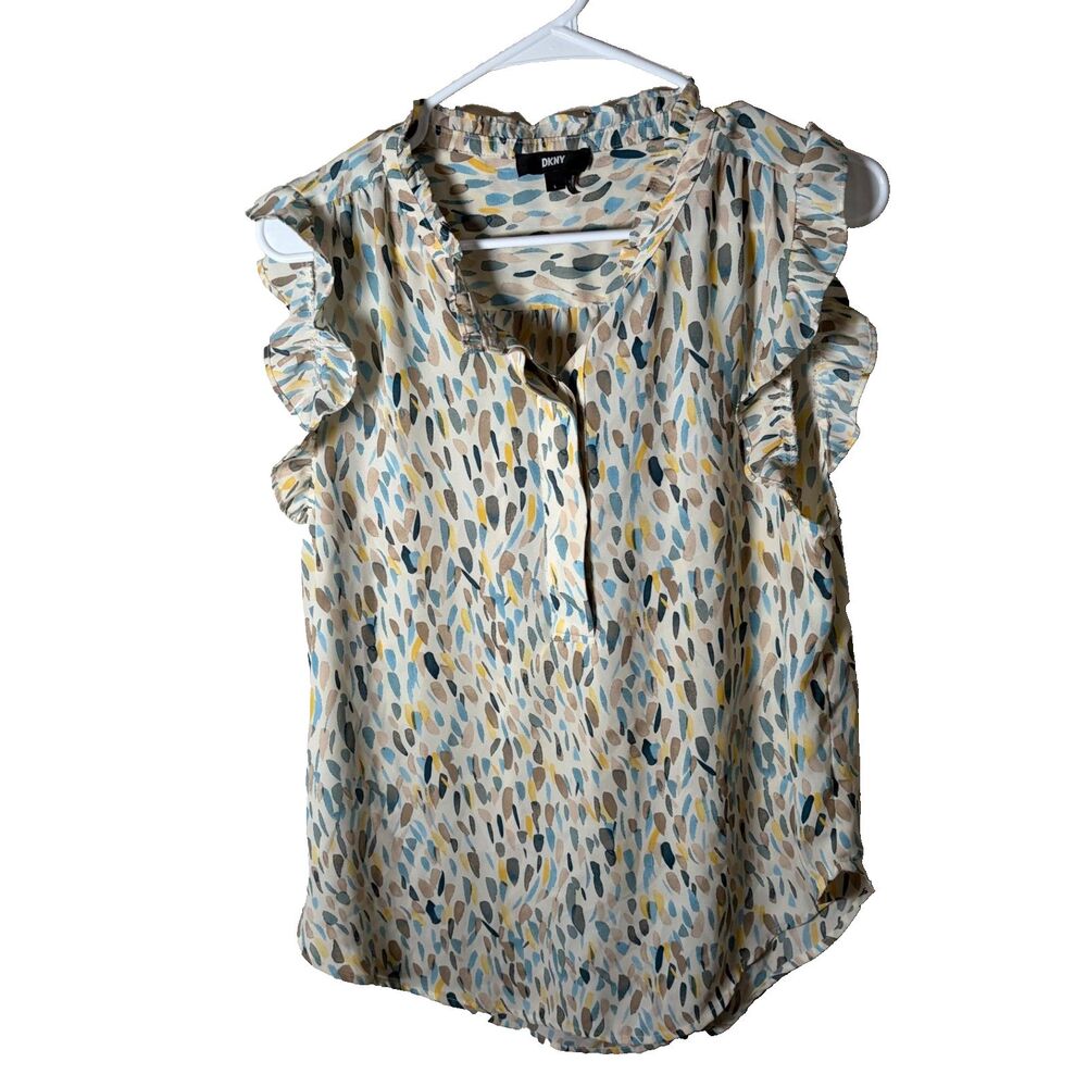 DKNY Tank Top Women's Large Printed Ruffle Popover Lightweight Career Shirt